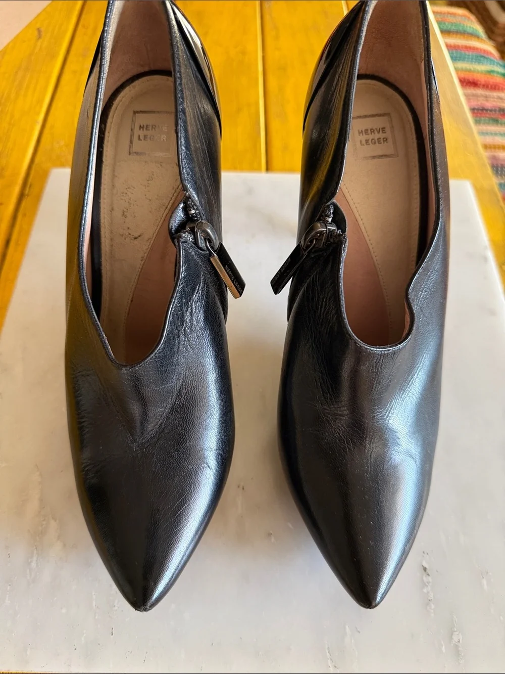 Hervé Léger Black Leather Pointed Toe Ankle Bootie Heels Side Zip Size _
